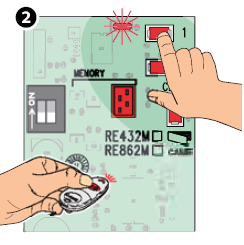 2. Mantenga pulsado el botón del mando hasta que se encienda el LED L1; después, suelte ambos botones.