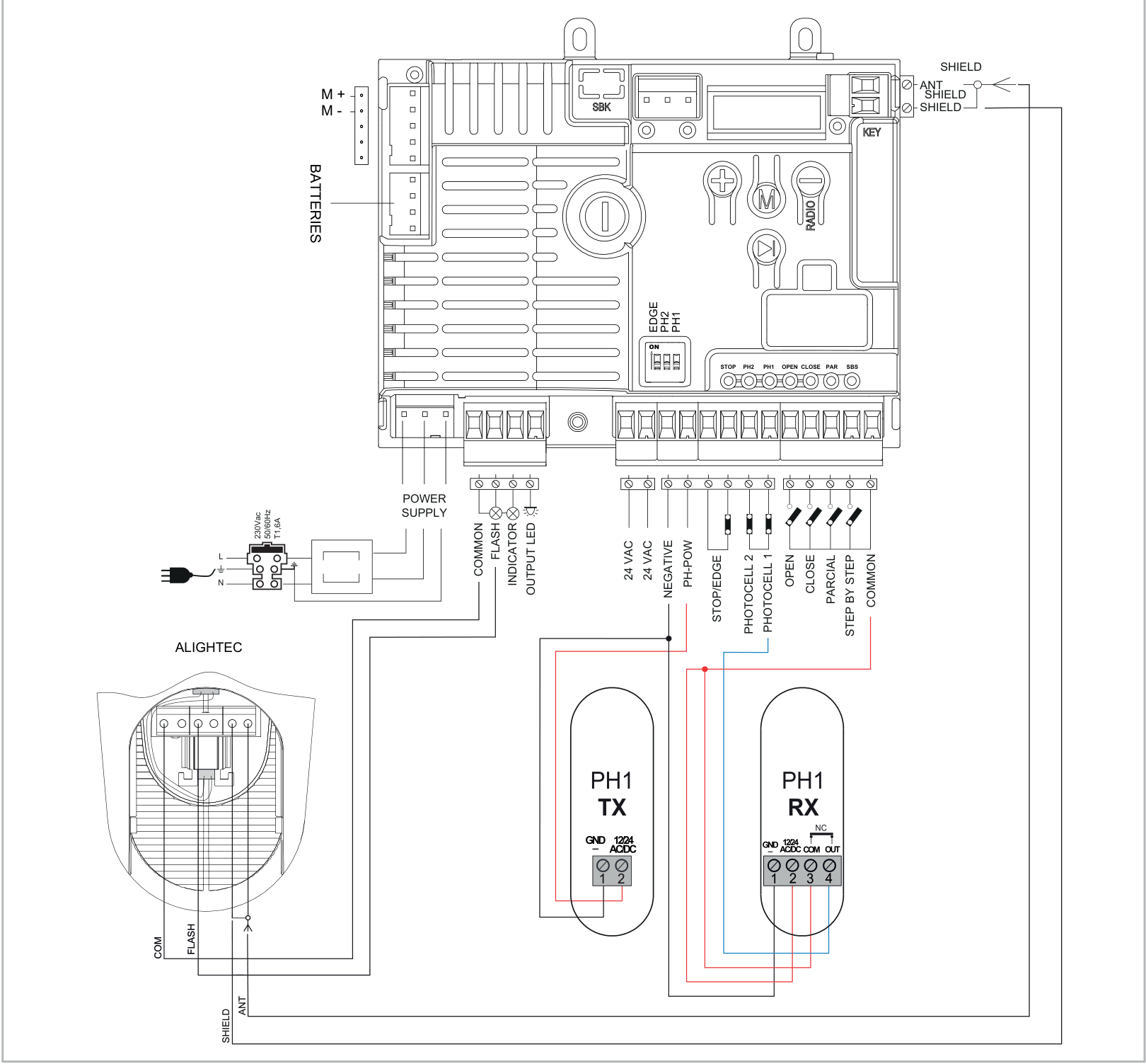Esquema completo de fábrica CT10324: alimentación, placa, luz intermitente, fotocélulas, antena y entradas de control