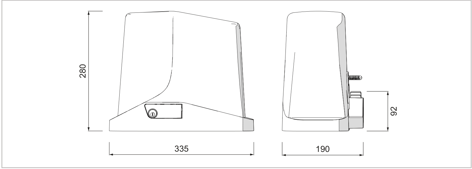 Dimensiones de TURBO S: 335 × 190 × 280 mm; posición del piñón: 92 mm