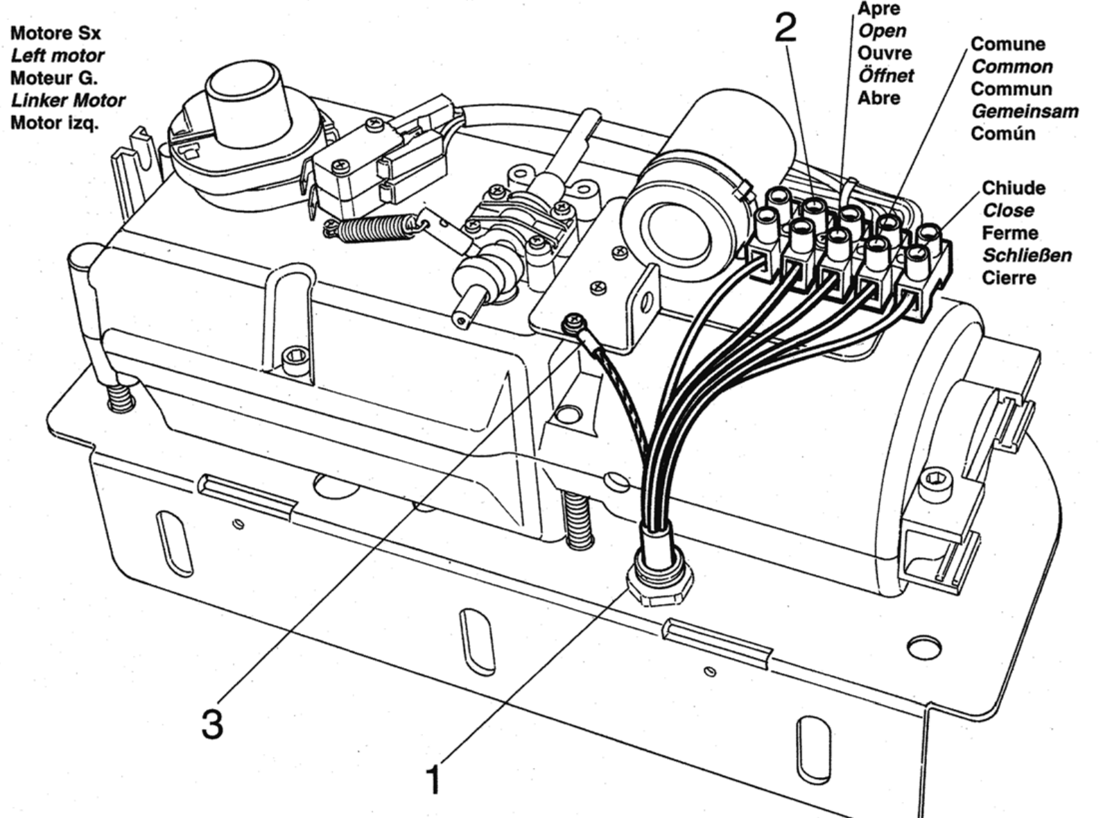 HY7100 – regleta de bornes del motor izquierdo de 230 V, Open, Common, Close y PE HY7100 – regleta de bornes del motor izquierdo de 230 V, Open, Common, Close y PE