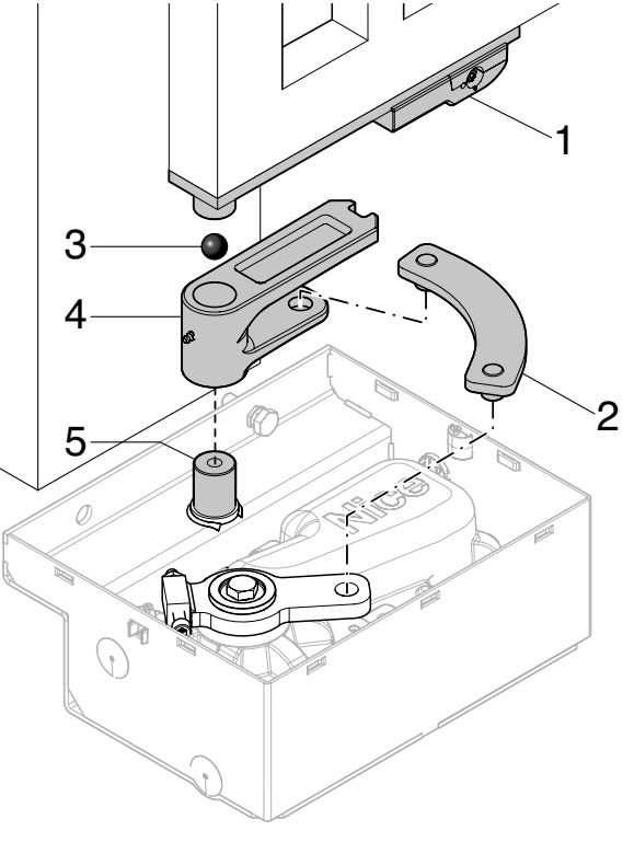 L-FAB – 1 palanca de desbloqueo, 2 brazo de unión, 3 bola, 4 soporte, 5 pasador de la caja