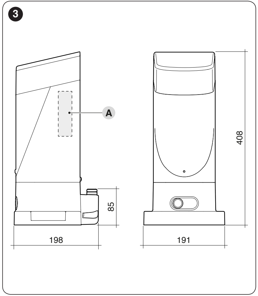 NICE SLIGHT SLH400 – dimensiones en planta de 191 × 198 mm y altura de 408 mm