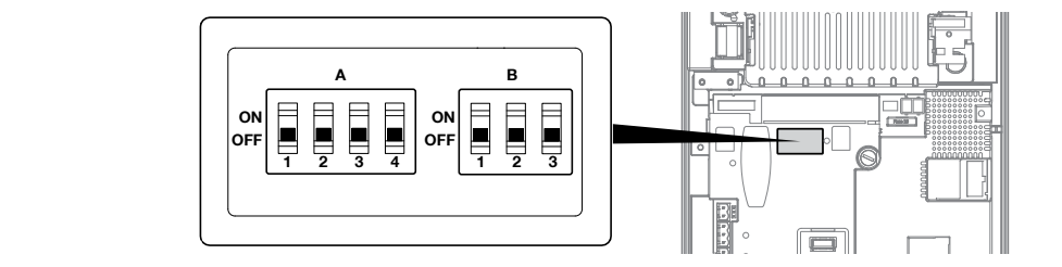 DPRO924: interruptores A1–A4 y B1–B3 en la placa principal