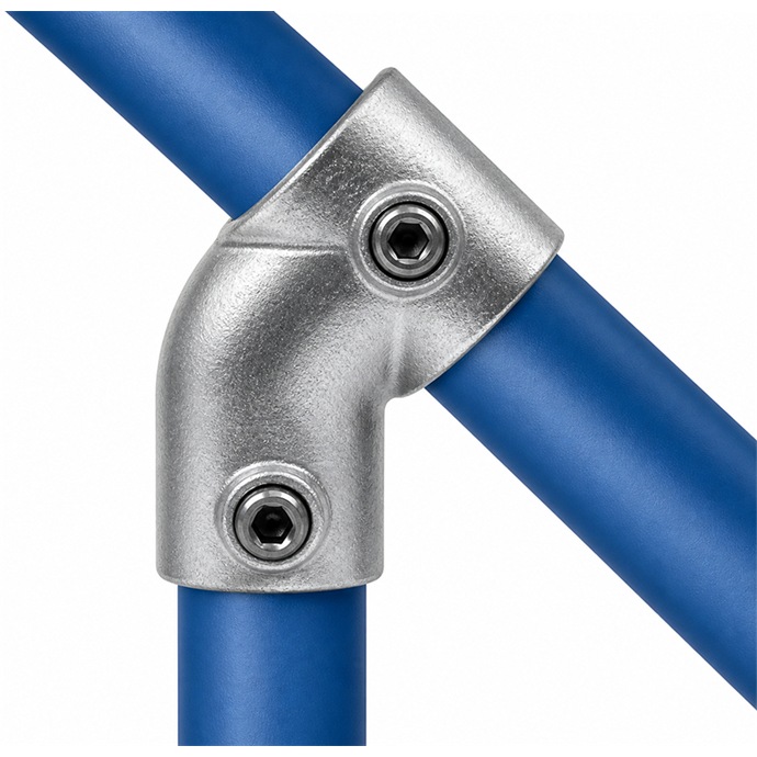 Conector galvanizado para tubos de 48,3 mm, en forma de T estrecha con un ángulo de 45°