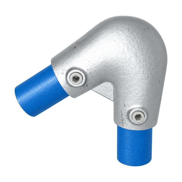 Conector galvanizado en forma de L para tubos de 42,4 mm: ejemplo de uso con tubos azules.