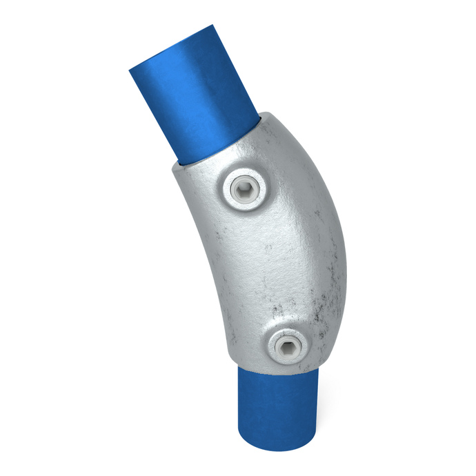 Ejemplo de uso: conector ajustable galvanizado para tubos de 48,3 mm, forma L, 120°–165°