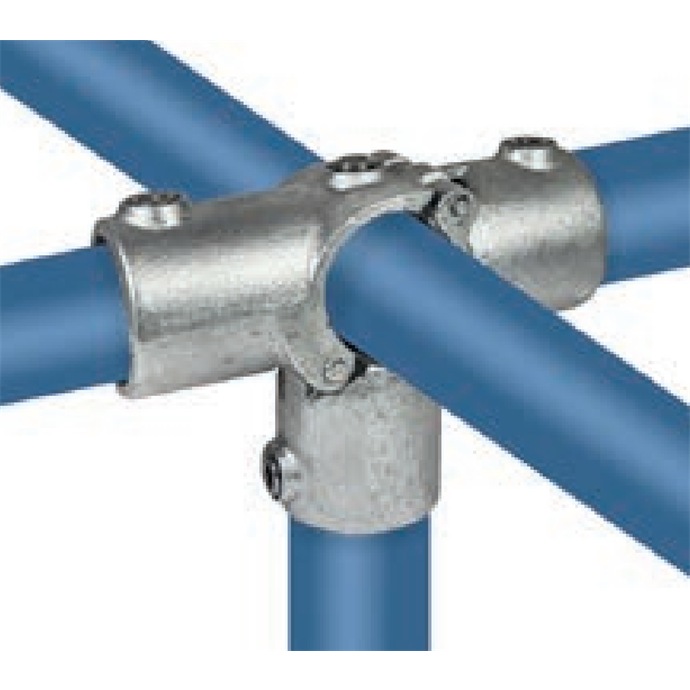 Ejemplo de uso: Conector plegable galvanizado para tubos de 48,3 mm, en forma de cruz pasante, de 5 vías