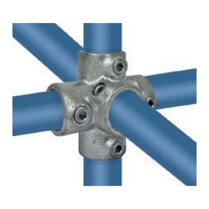 Conector galvanizado para tubo de 42,4 mm, en forma de cruz pasante de 6 vías