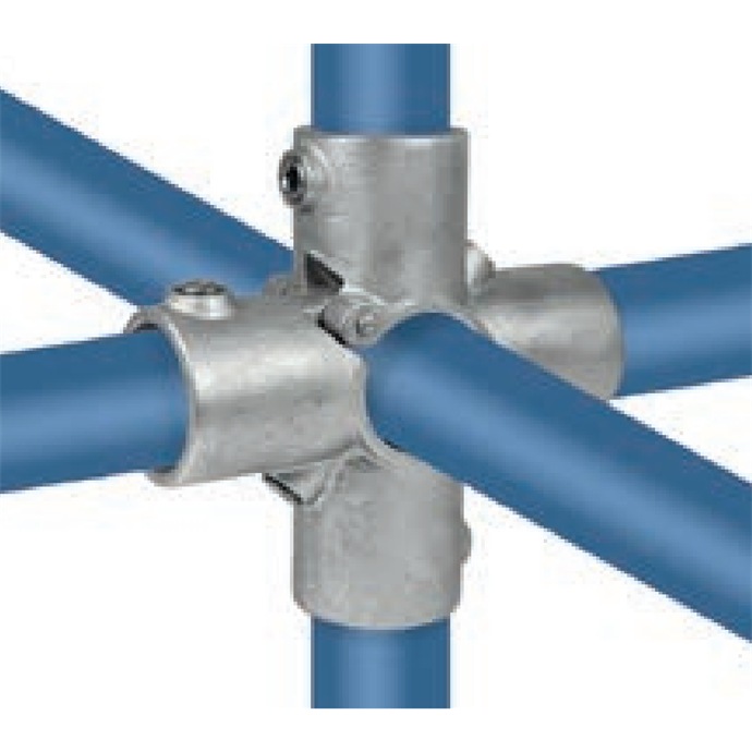 Ejemplo de uso: Conector plegable galvanizado para tubos de 48,3 mm, en forma de cruz pasante, de 6 vías