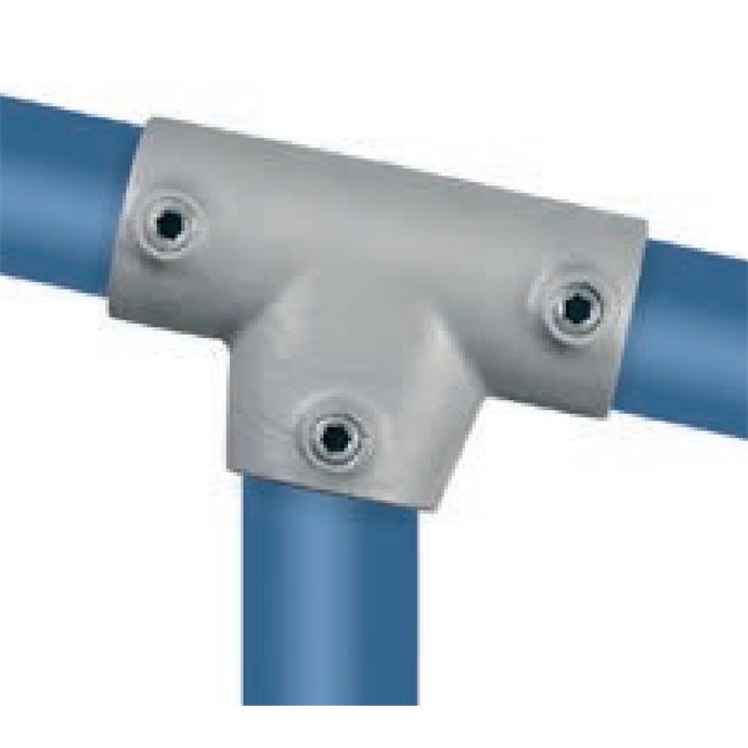 Ejemplo de uso: conector inclinado galvanizado para tubos de 48,3 mm, en forma de T ancha, 0°–11°