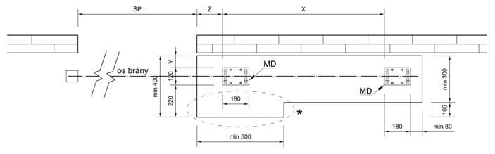 Plano de la cimentación de hormigón para una puerta autoportante de hasta 6,5m