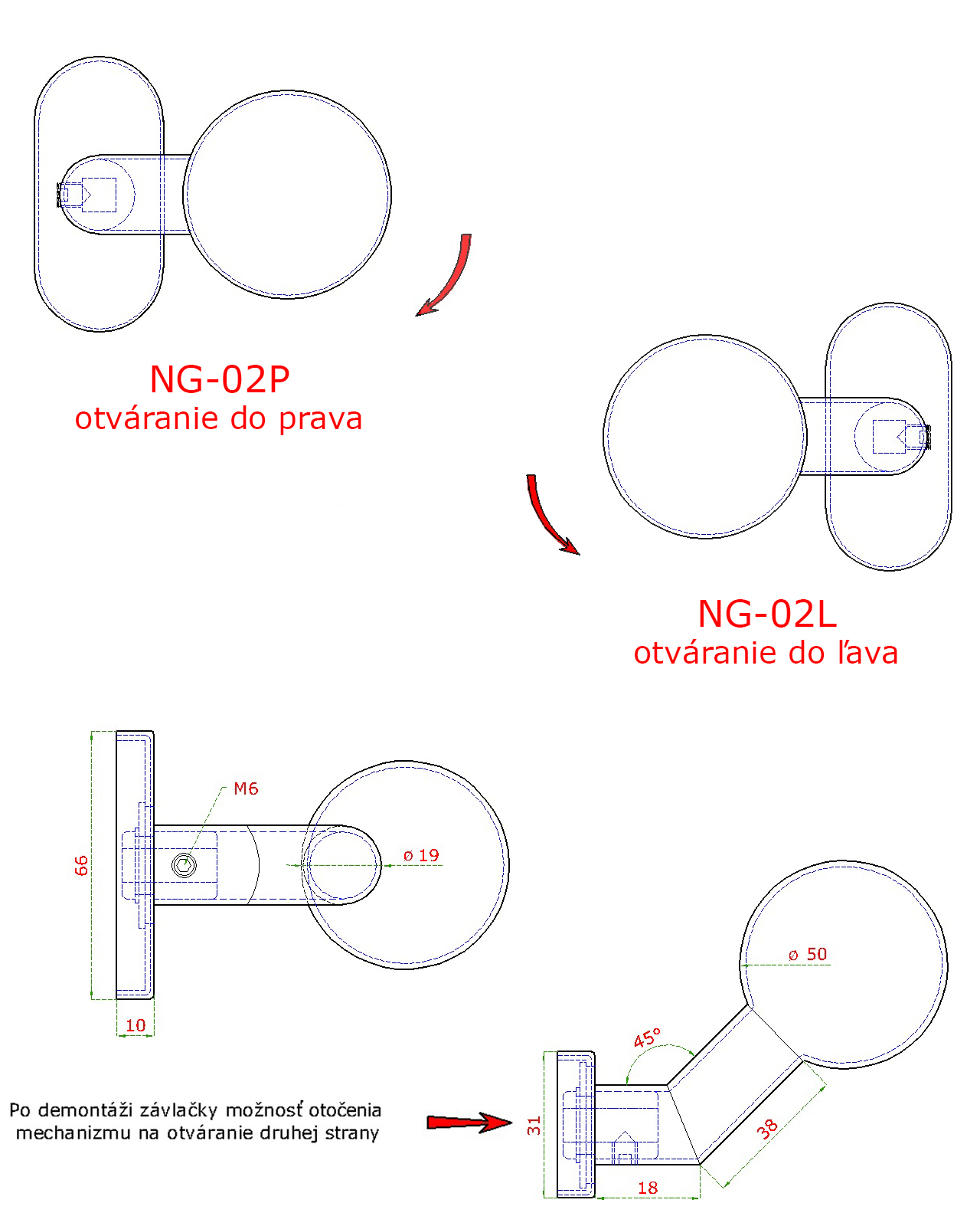 Dimensiones, sentido de giro del pomo Dimensiones, sentido de giro del pomo