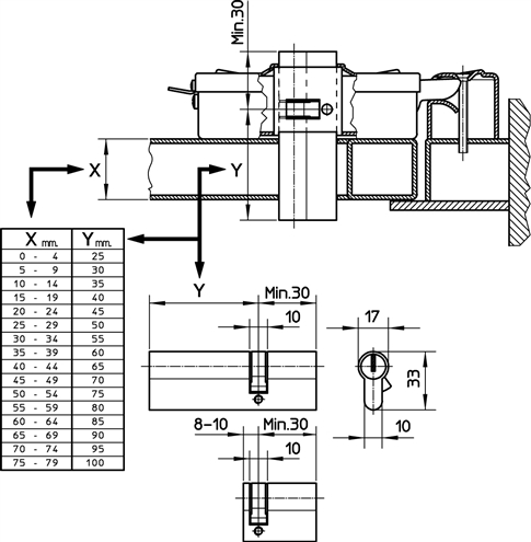Cerradura eléctrica NICE PLA10, PLA11: dimensiones de los cilindros compatibles Cerradura eléctrica NICE PLA10, PLA11: dimensiones de los cilindros compatibles