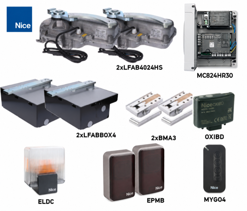Kit de accionamiento NICE L-Fab LFAB4024HS para puerta de dos hojas; una hoja de hasta 4 m/400 kg