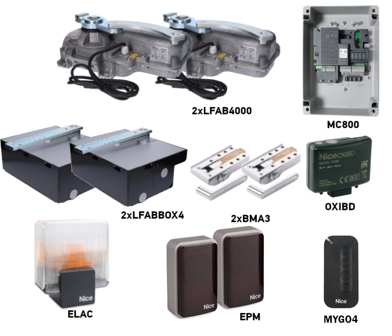 Kit de automatización NICE L-Fab LFAB4000 para puerta de dos hojas: una hoja de 4m/650kg