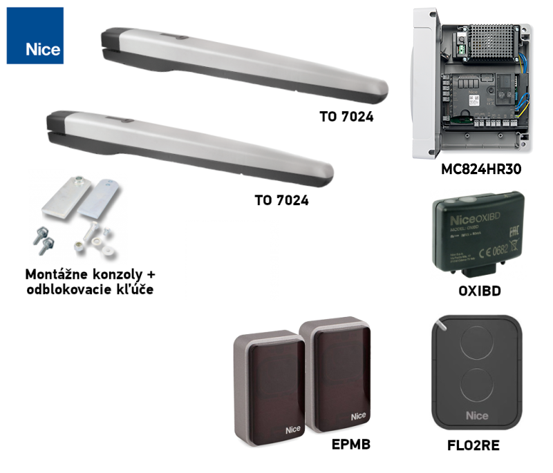 Kit NICE Toona TO7024 para puerta de dos hojas con fotocélulas Kit NICE Toona TO7024 para puerta de dos hojas con fotocélulas