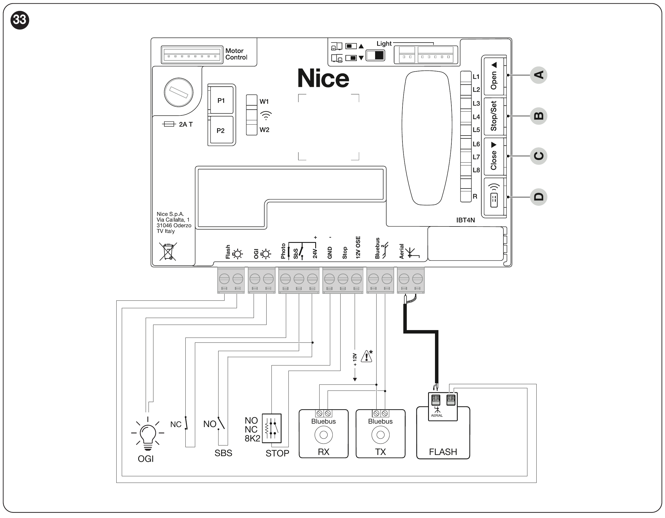 Esquema de conexión de la luz de señalización NICE ELDC a los accionamientos NICE ROBUS RBS Esquema de conexión de la luz de señalización NICE ELDC a los accionamientos NICE ROBUS RBS