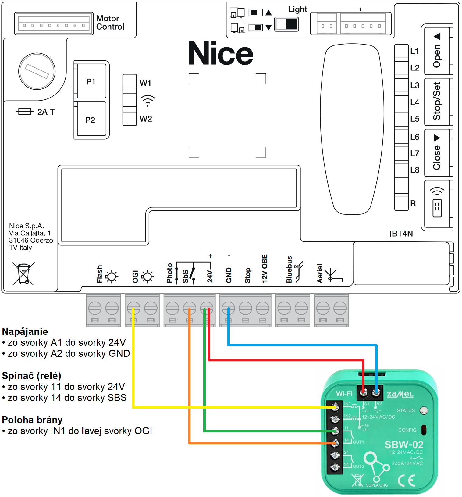 Esquema de conexión del módulo Wi-Fi Zamel al accionamiento NICE Robus RBS con central de control MCU1